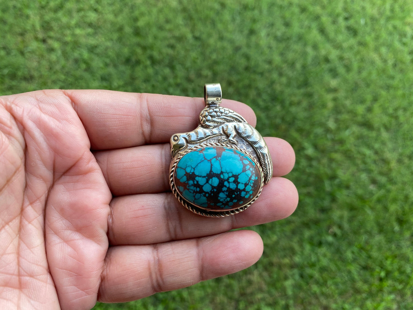 Natural Turquoise Stone Tibetan Silver Pendant, Native American Style, Ethnic Tibetan Jewelry, Energy Stone, Birthstone, For Men or Women