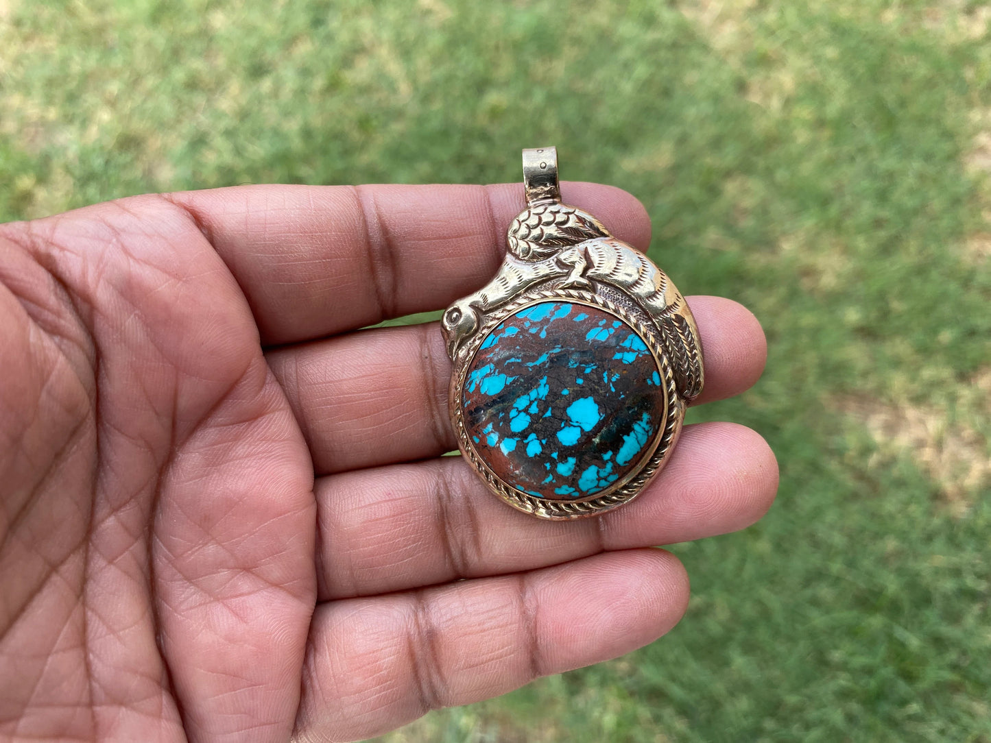 Natural Turquoise Tibetan Silver Pendant, Women's or Men's Jewelry, Ethnic Jewelry, Pendant, Birthstone, Birthday Gift, Pendant for Necklace
