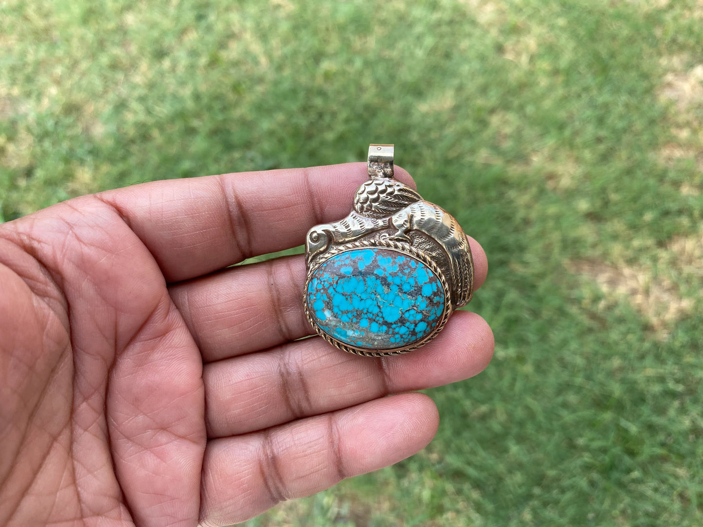Natural Turquoise Tibetan Silver Pendant, Women's or Men's Jewelry, Ethnic Jewelry, Pendant, Birthstone, Birthday Gift, Pendant for Necklace