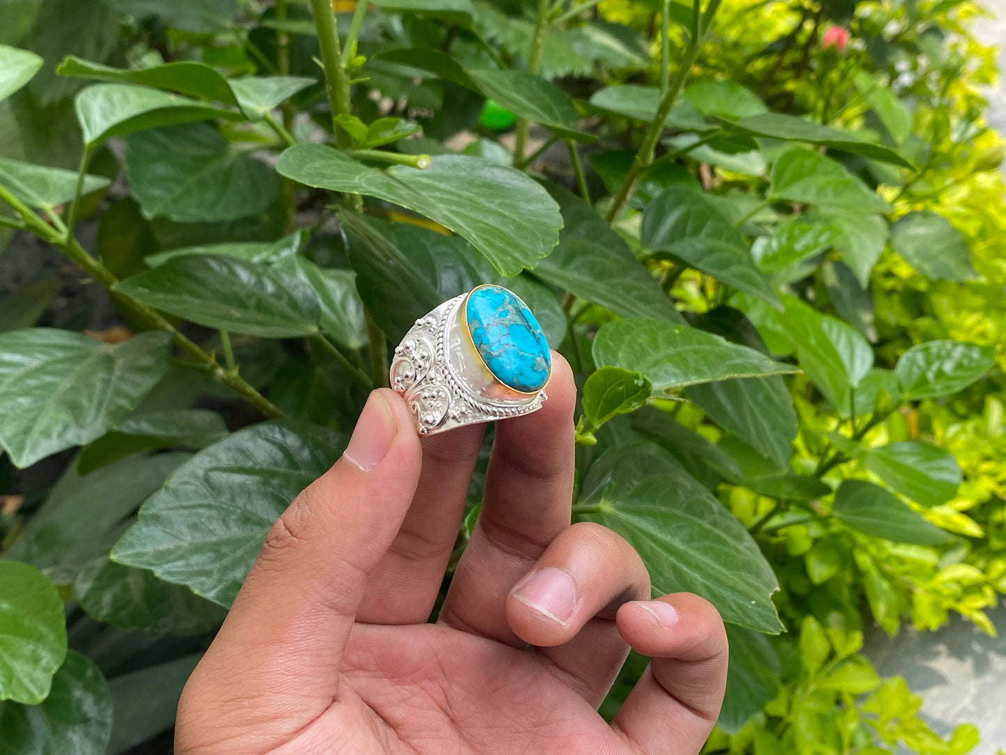 Natural Turquoise adorned Two Tone Ring, Adjustable two tone Ring, Brushed Gold and Silver overlay over Brass, Aesthetic Ring, Boho Fashion.