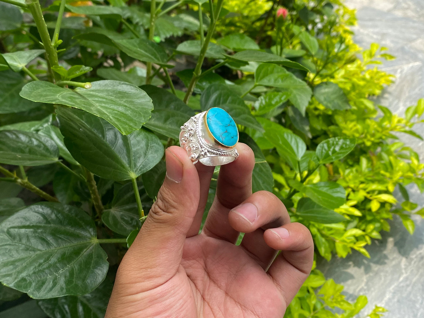 Natural Turquoise adorned Two Tone Ring, Adjustable two tone Ring, Brushed Gold and Silver overlay over Brass, Aesthetic Ring, Boho Fashion.