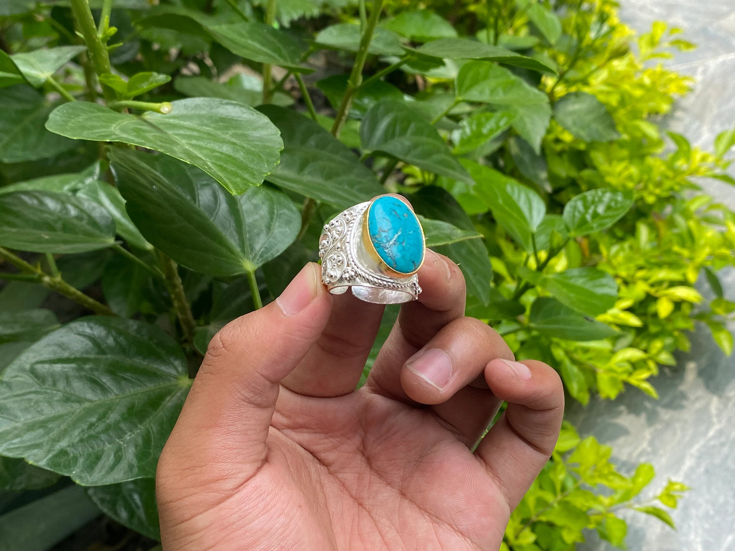 Natural Turquoise adorned Two Tone Ring, Adjustable two tone Ring, Brushed Gold and Silver overlay over Brass, Aesthetic Ring, Boho Fashion.