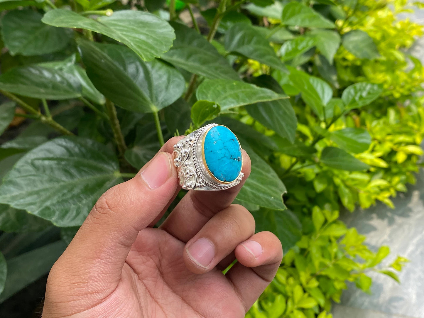 Natural Turquoise adorned Two Tone Ring, Adjustable two tone Ring, Brushed Gold and Silver overlay over Brass, Aesthetic Ring, Boho Fashion.