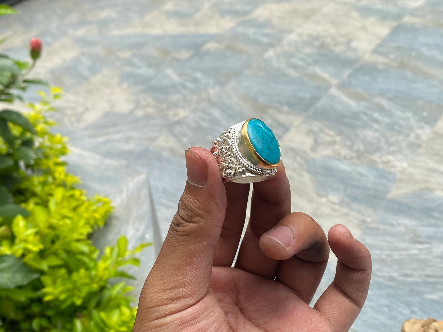 Natural Turquoise adorned Two Tone Ring, Adjustable two tone Ring, Brushed Gold and Silver overlay over Brass, Aesthetic Ring, Boho Fashion.