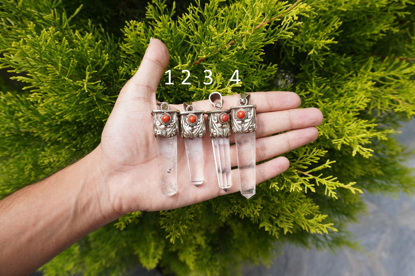Natural Crystal with Red Coral Tibetan Silver Pendant | Nature Inspired Jewlery, Unisex pointed Pendant for Daily wear, Jewlery Gift