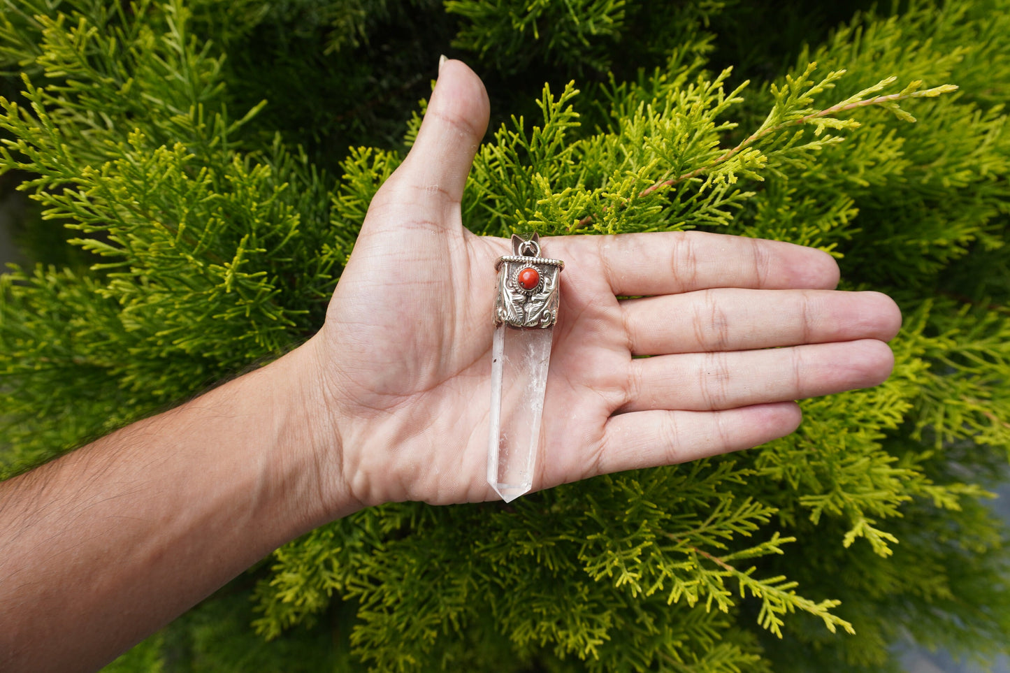 Natural Crystal with Red Coral Tibetan Silver Pendant | Nature Inspired Jewlery, Unisex pointed Pendant for Daily wear, Jewlery Gift