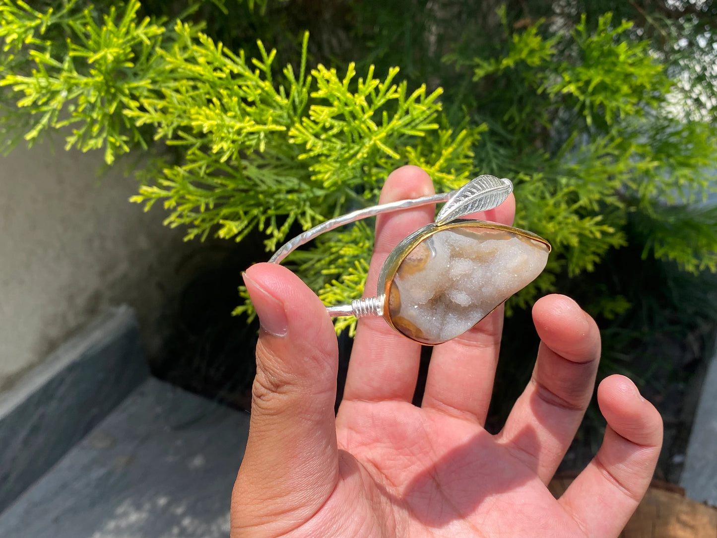 Natural and Unique Druzy Agate Bracelet , Two tone floral inspired Hammered Bracelet, Gift for her, Brushed Gold & Silver overlay over brass