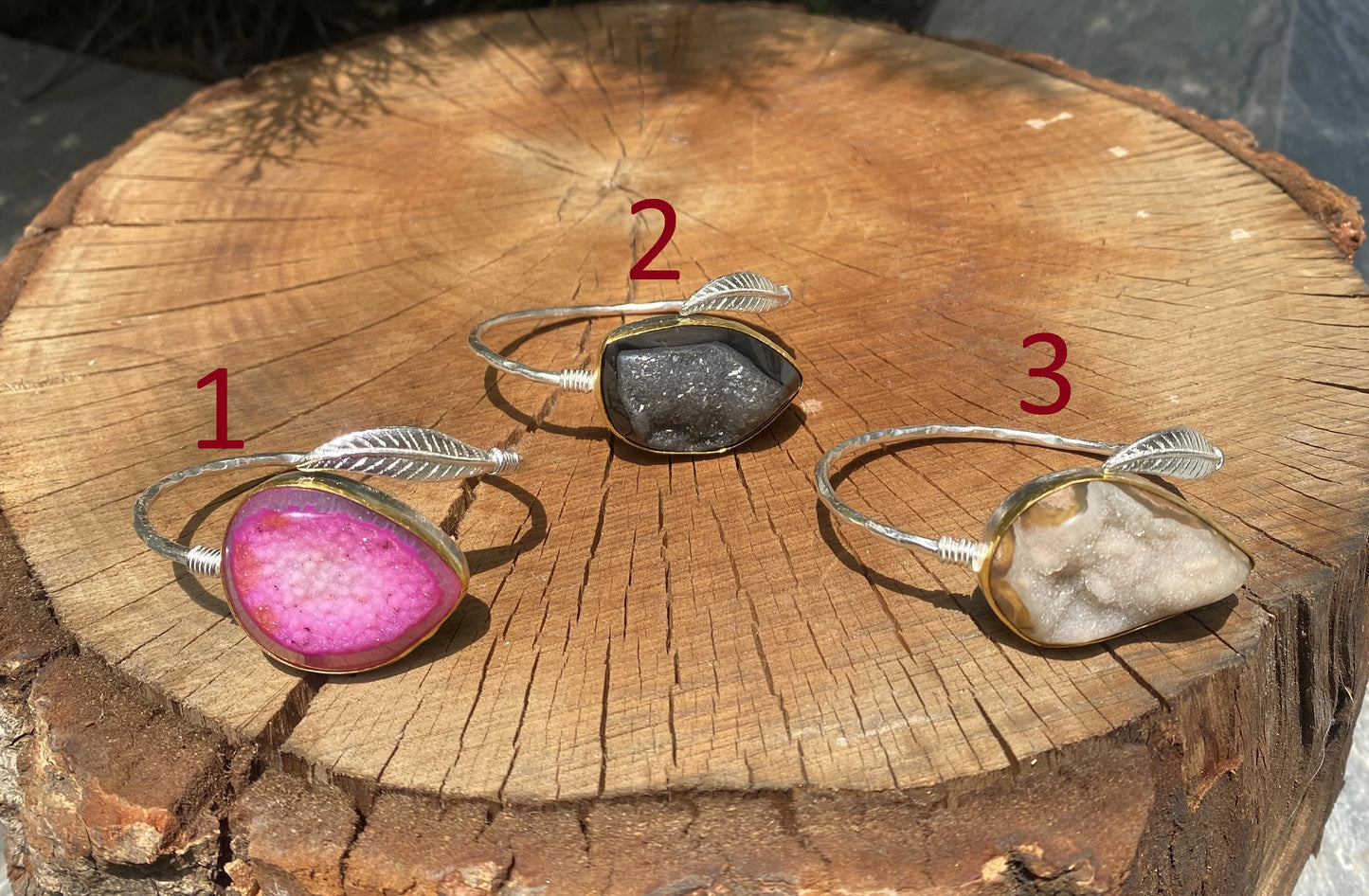Natural and Unique Druzy Agate Bracelet , Two tone floral inspired Hammered Bracelet, Gift for her, Brushed Gold & Silver overlay over brass
