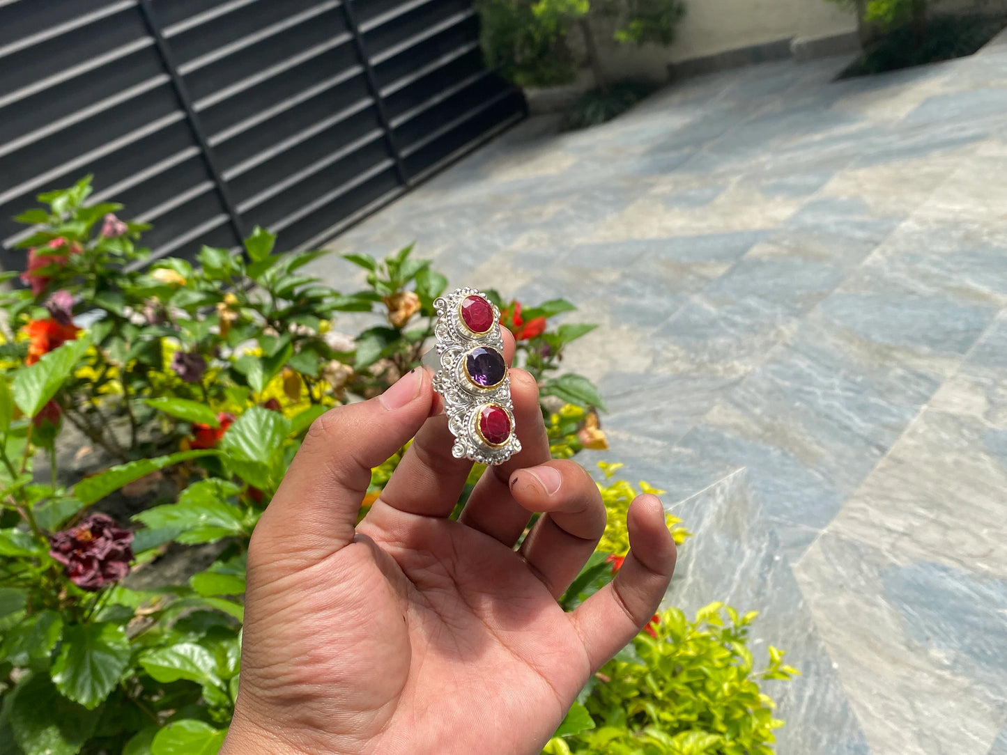 Natural gemstone adorned ring, Handmade Ring, Hammered texture Ring, Calming ring, Two toned Ring, Ruby and Amethyst ring.