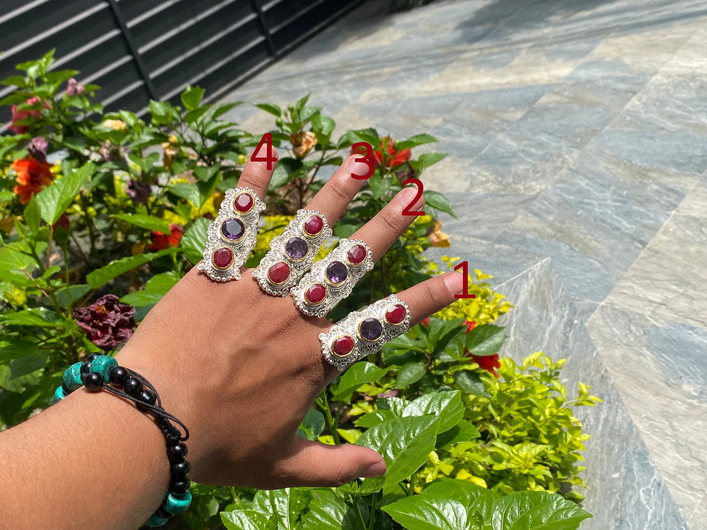 Natural gemstone adorned ring, Handmade Ring, Hammered texture Ring, Calming ring, Two toned Ring, Ruby and Amethyst ring.