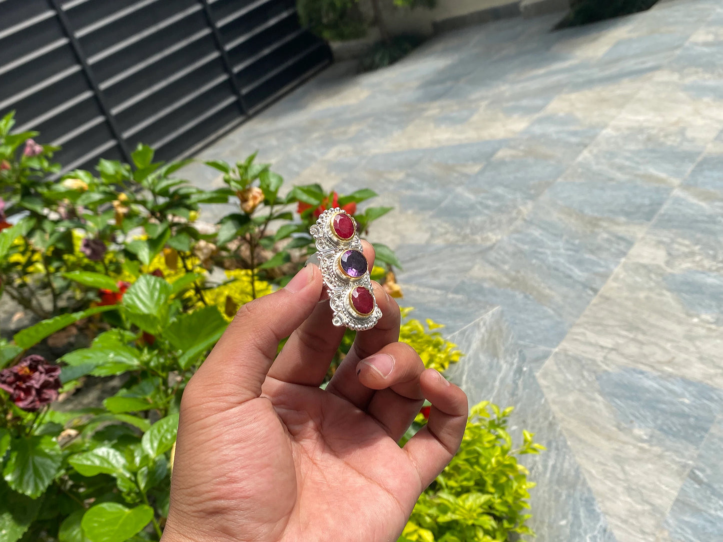Natural gemstone adorned ring, Handmade Ring, Hammered texture Ring, Calming ring, Two toned Ring, Ruby and Amethyst ring.