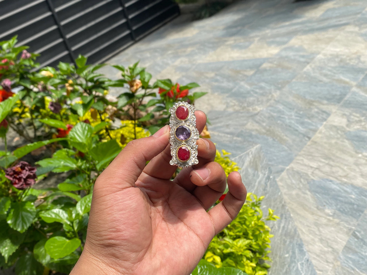 Natural gemstone adorned ring, Handmade Ring, Hammered texture Ring, Calming ring, Two toned Ring, Ruby and Amethyst ring.
