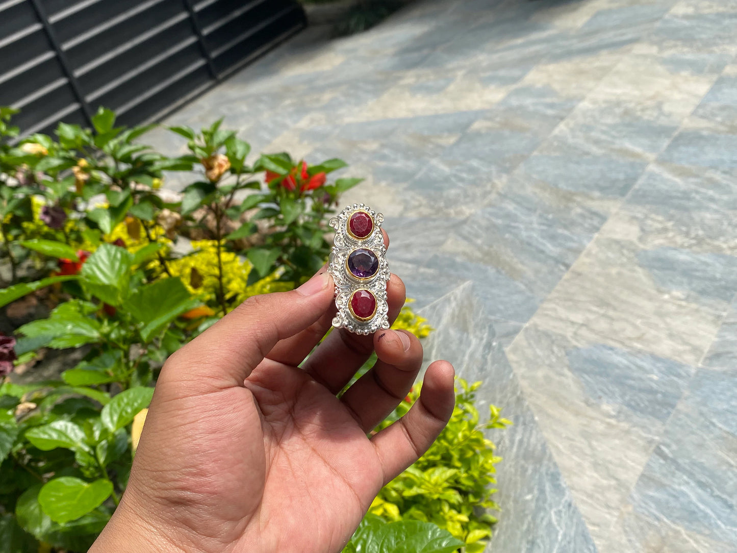 Natural gemstone adorned ring, Handmade Ring, Hammered texture Ring, Calming ring, Two toned Ring, Ruby and Amethyst ring.