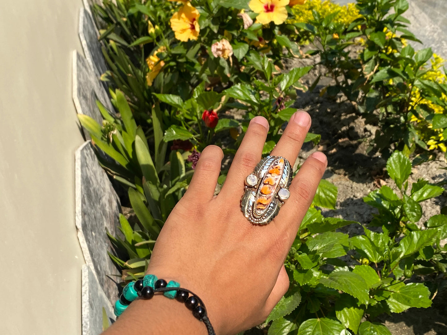 Nature's Embrace: Handmade Spiny Oyster Shell Silver Ring, Hammered Ring, Adjustable ring