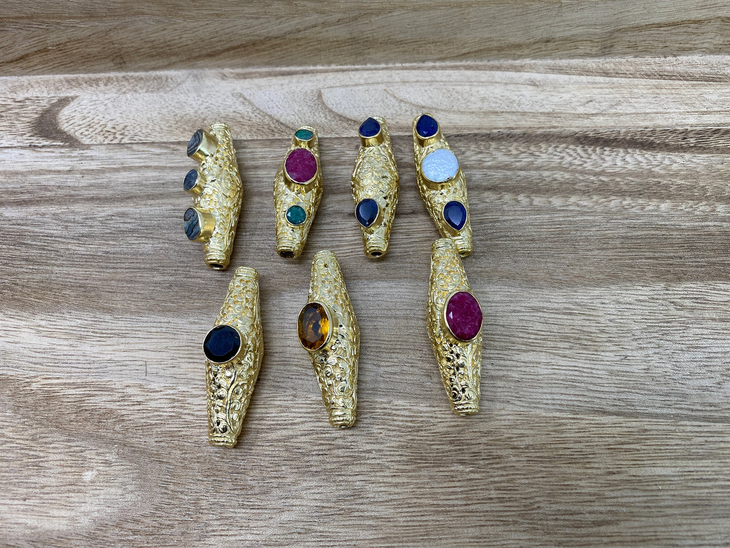Nepal Bead, Abalone/ Emerald/ Ruby/ Citrine/ Blue Sapphire/ Pearl/ Black Onyx, 14K Matte Gold overlay/ Handcrafted Tibetan Bead for Necklace