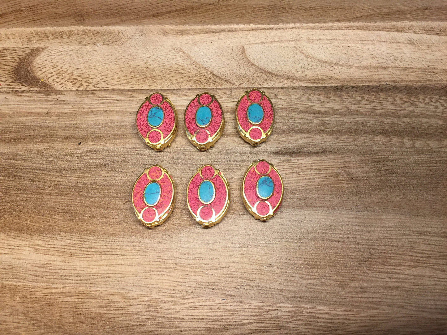 Nepal Bead, Turquoise & Coral Inlaid, 18K Matte Gold Overlay, Bead for Necklace/Bracelet/Earring, Tibetan Ethnic Tribe Boho Jewelry, Unique