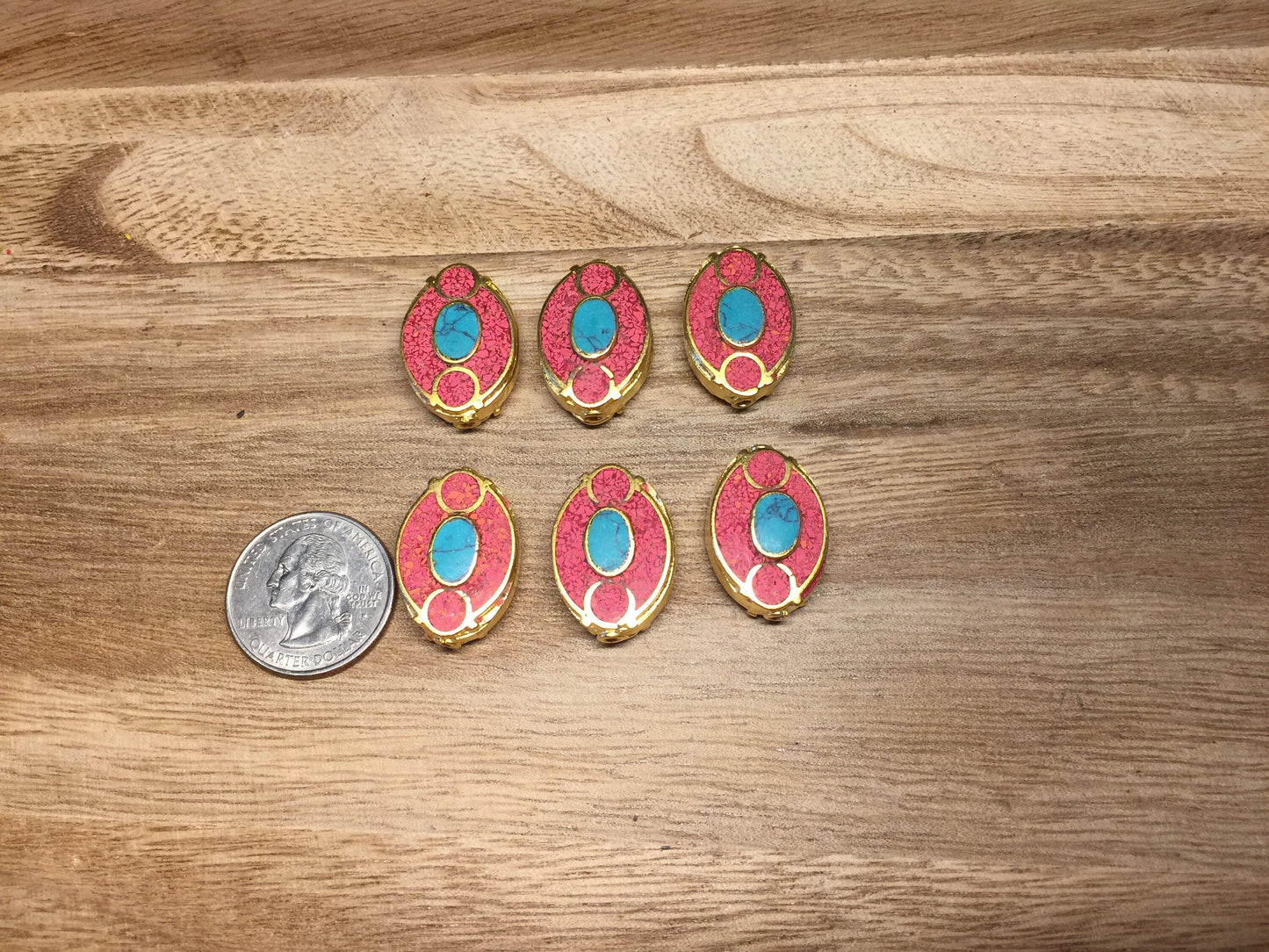Nepal Bead, Turquoise & Coral Inlaid, 18K Matte Gold Overlay, Bead for Necklace/Bracelet/Earring, Tibetan Ethnic Tribe Boho Jewelry, Unique