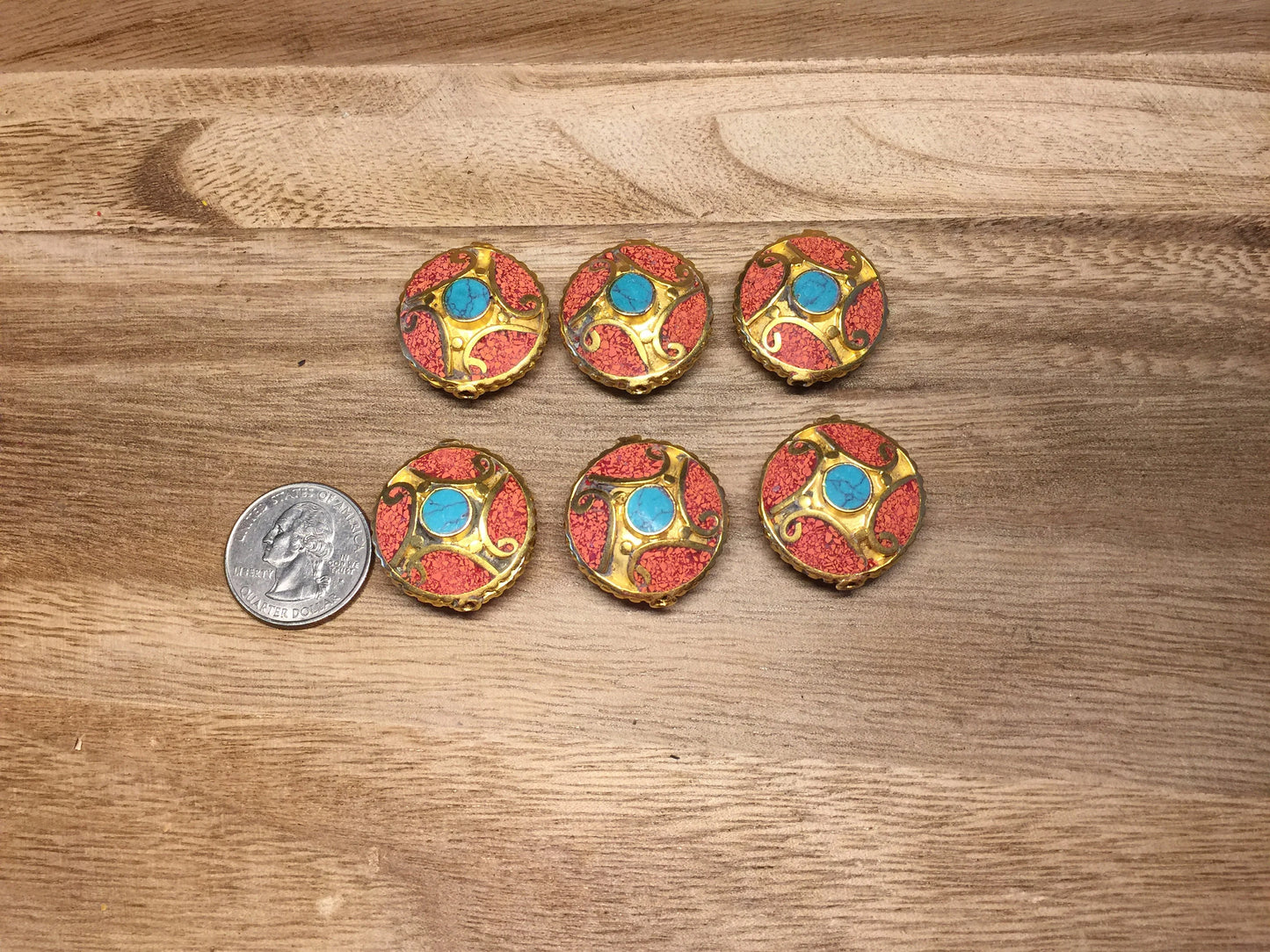 Nepal Bead, Turquoise & Coral Inlaid, 18K Matte Gold Overlay, Bead for Necklace/Bracelet/Earring, Tibetan Ethnic Tribe Boho Jewelry, Unique