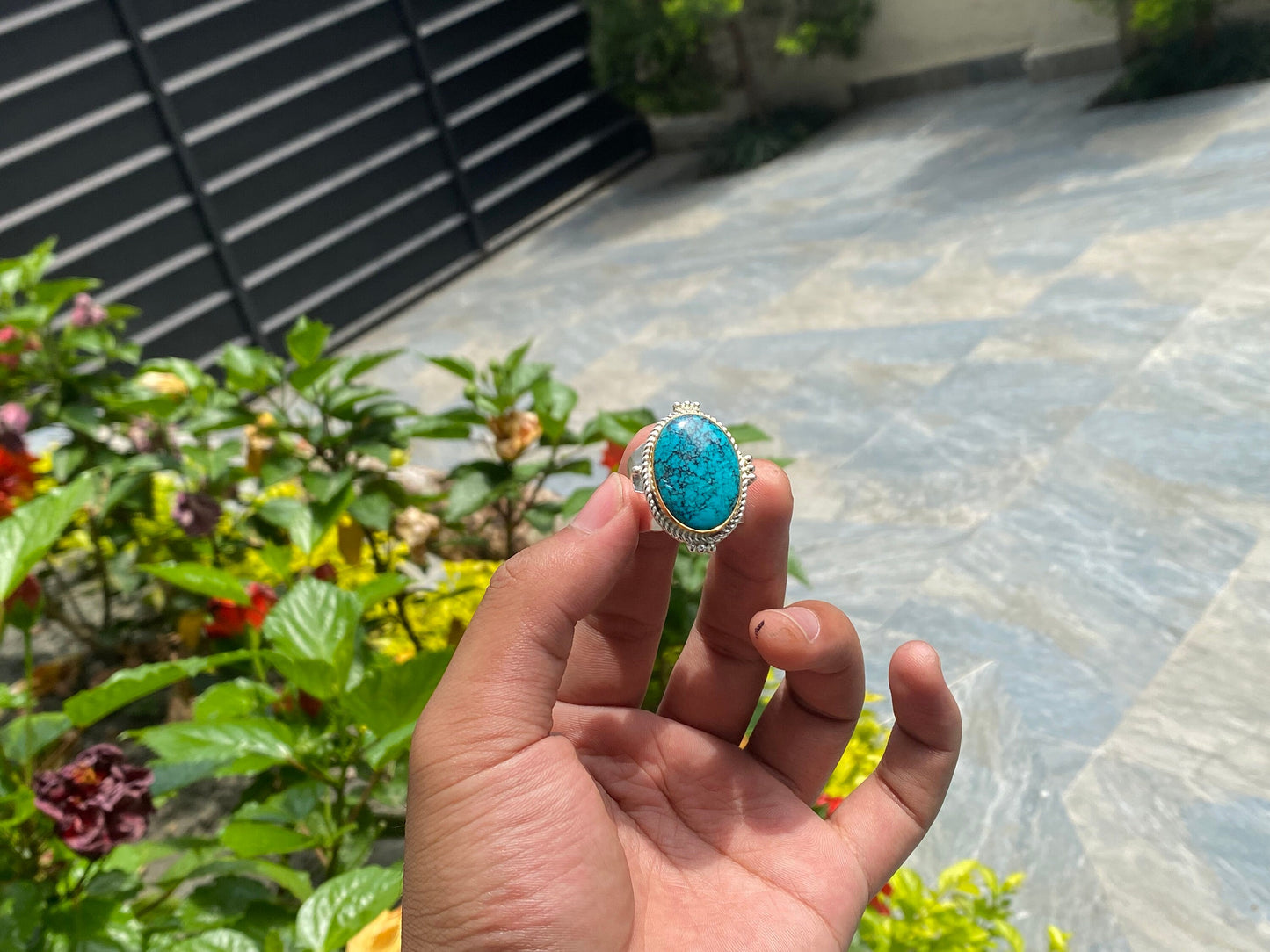 Nepalese Charm: Bohemian Turquoise Adjustable Ring, Hammered Ring, Handmade Ring, Oval Shaped Ring.