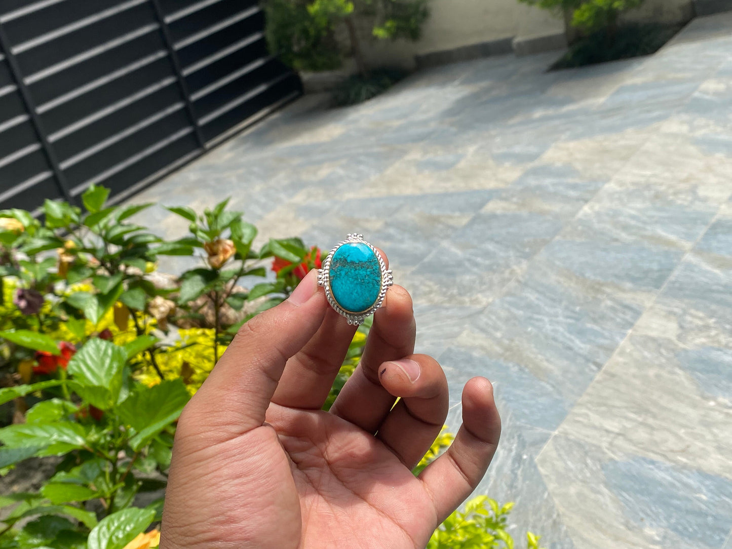 Nepalese Charm: Bohemian Turquoise Adjustable Ring, Hammered Ring, Handmade Ring, Oval Shaped Ring.