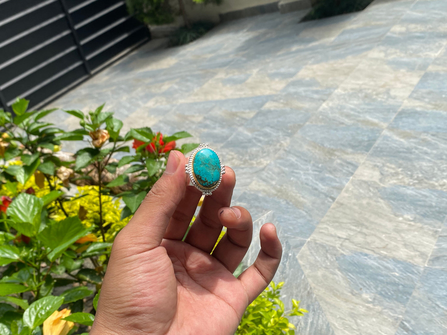 Nepalese Charm: Bohemian Turquoise Adjustable Ring, Hammered Ring, Handmade Ring, Oval Shaped Ring.