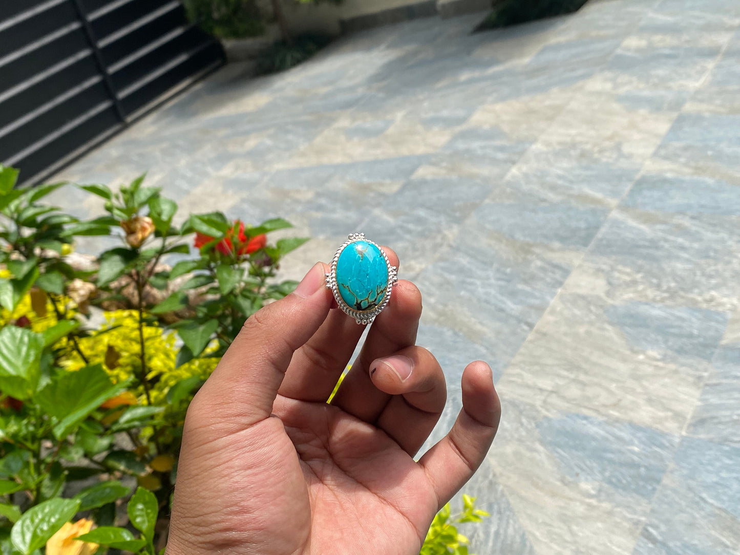 Nepalese Charm: Bohemian Turquoise Adjustable Ring, Hammered Ring, Handmade Ring, Oval Shaped Ring.