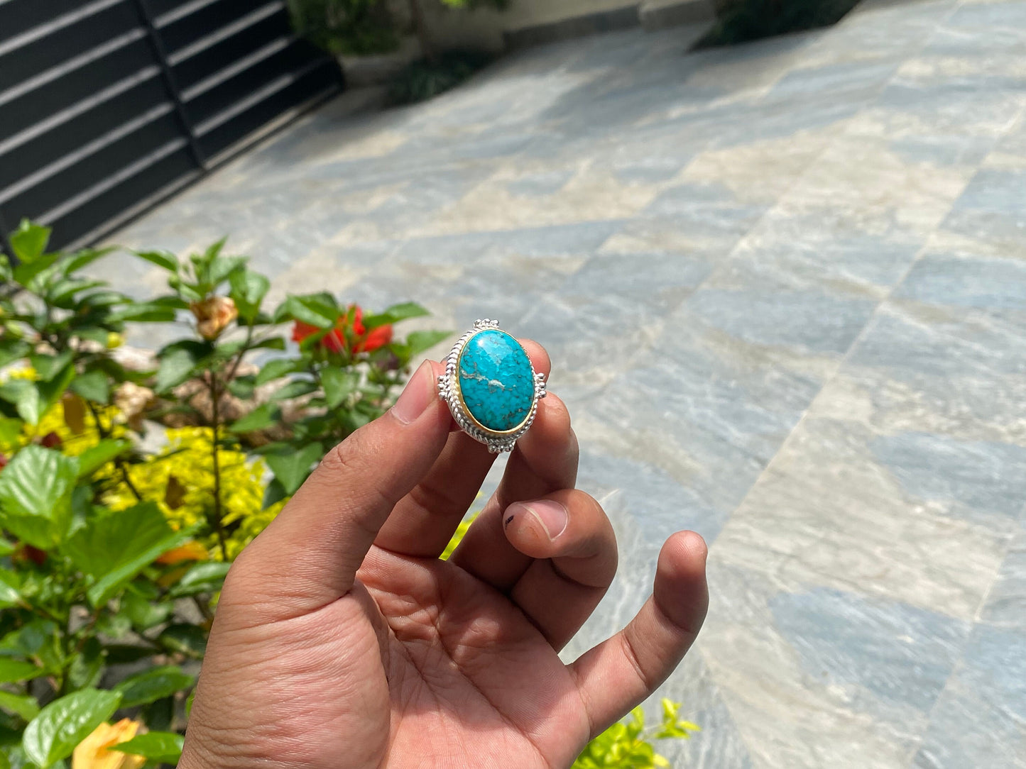 Nepalese Charm: Bohemian Turquoise Adjustable Ring, Hammered Ring, Handmade Ring, Oval Shaped Ring.