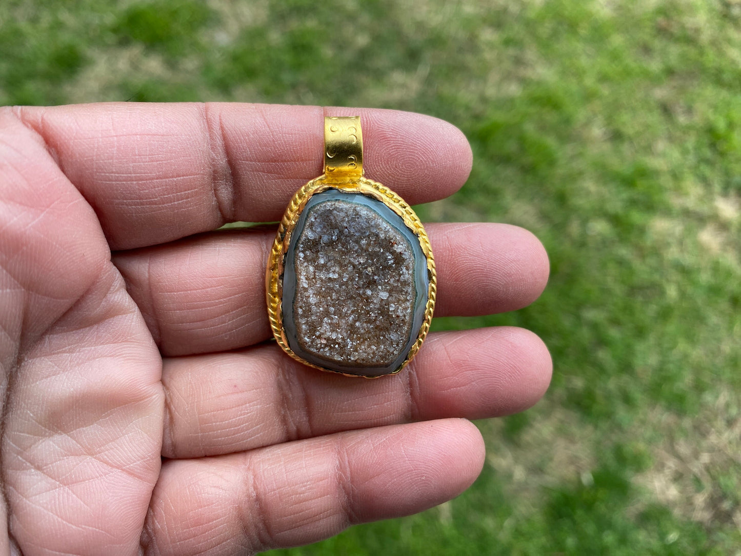 Non Tarnish Brushed Gold Overlay Pendant, Druzy Raw Agate Stone Healing Pendant, Hill Tribe Women's Jewelry, Birthstone Pendant for Necklace