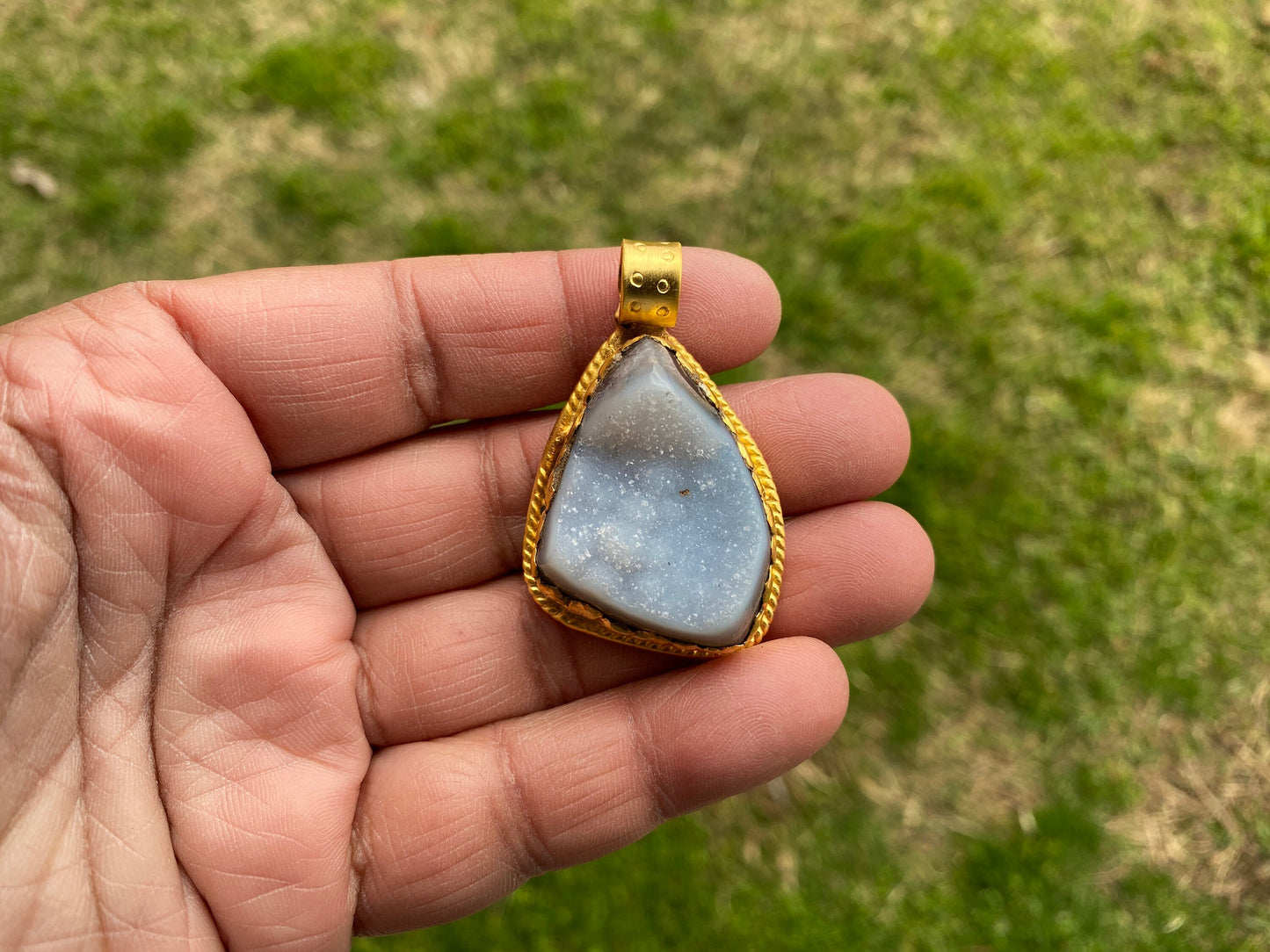 Non Tarnish Brushed Gold Overlay Pendant, Druzy Raw Agate Stone Healing Pendant, Hill Tribe Women's Jewelry, Birthstone Pendant for Necklace