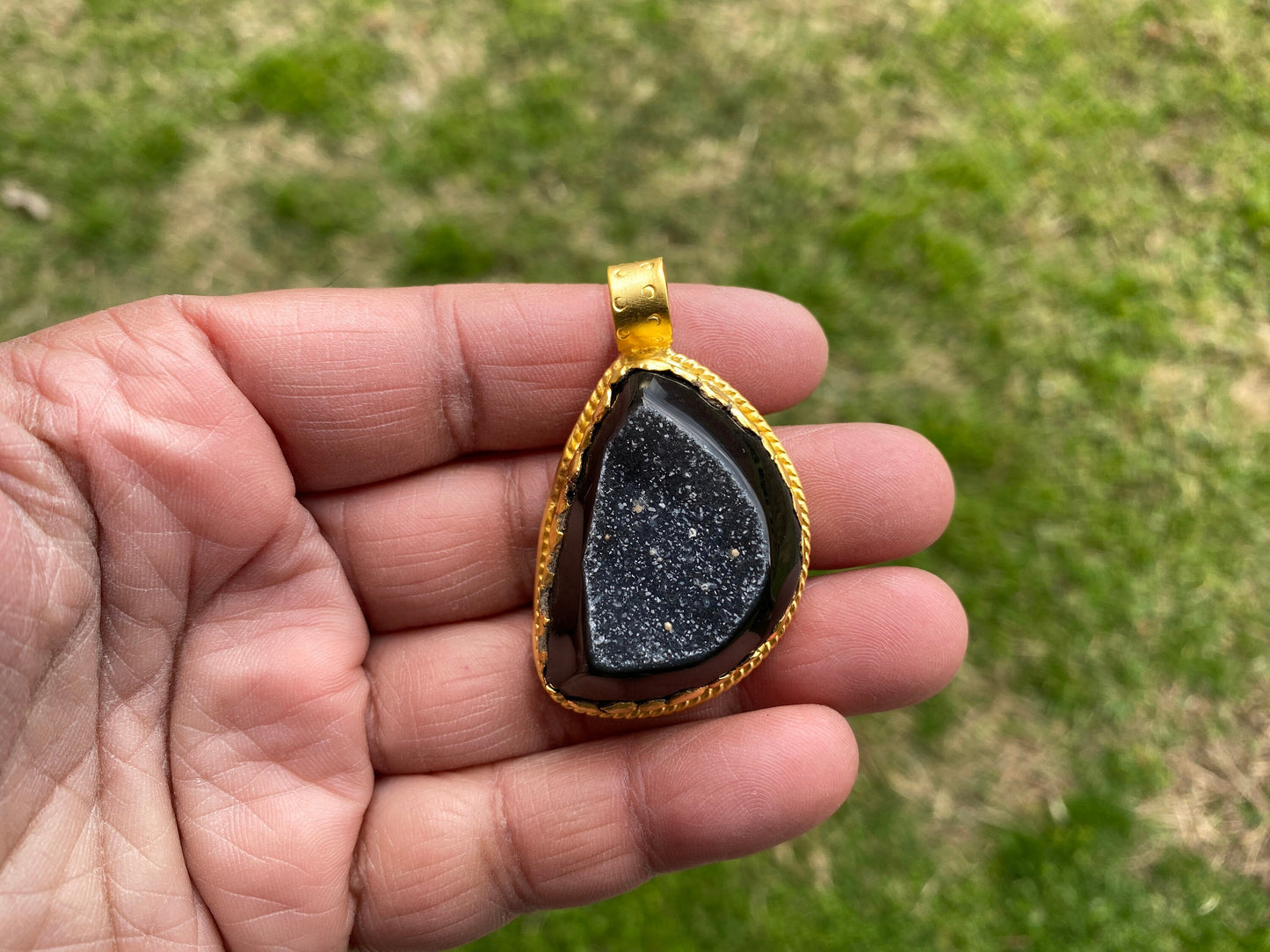 Non Tarnish Brushed Gold Overlay Pendant, Druzy Raw Agate Stone Healing Pendant, Hill Tribe Women's Jewelry, Birthstone Pendant for Necklace