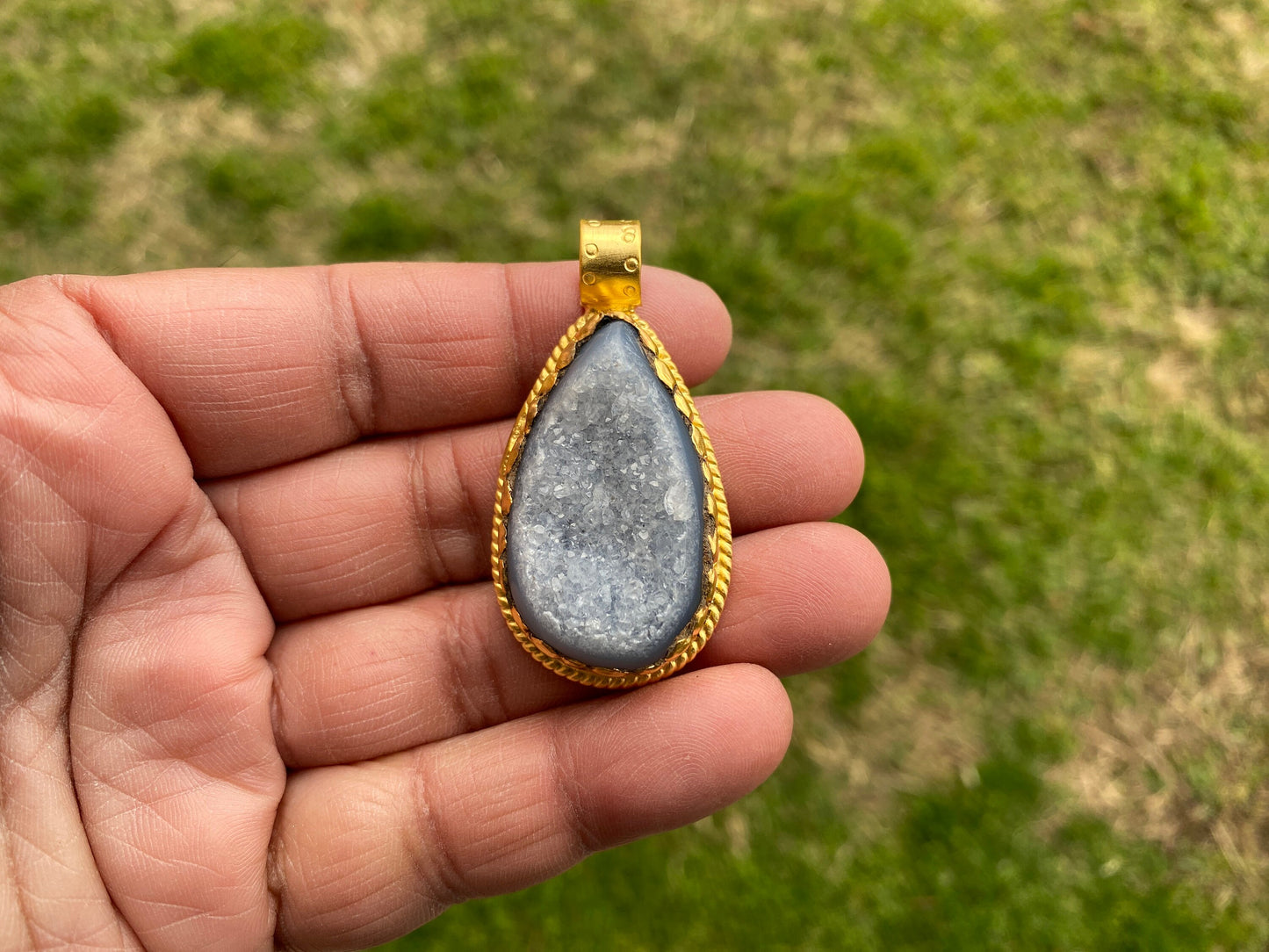 Non Tarnish Brushed Gold Overlay Pendant, Druzy Raw Agate Stone Healing Pendant, Hill Tribe Women's Jewelry, Birthstone Pendant for Necklace