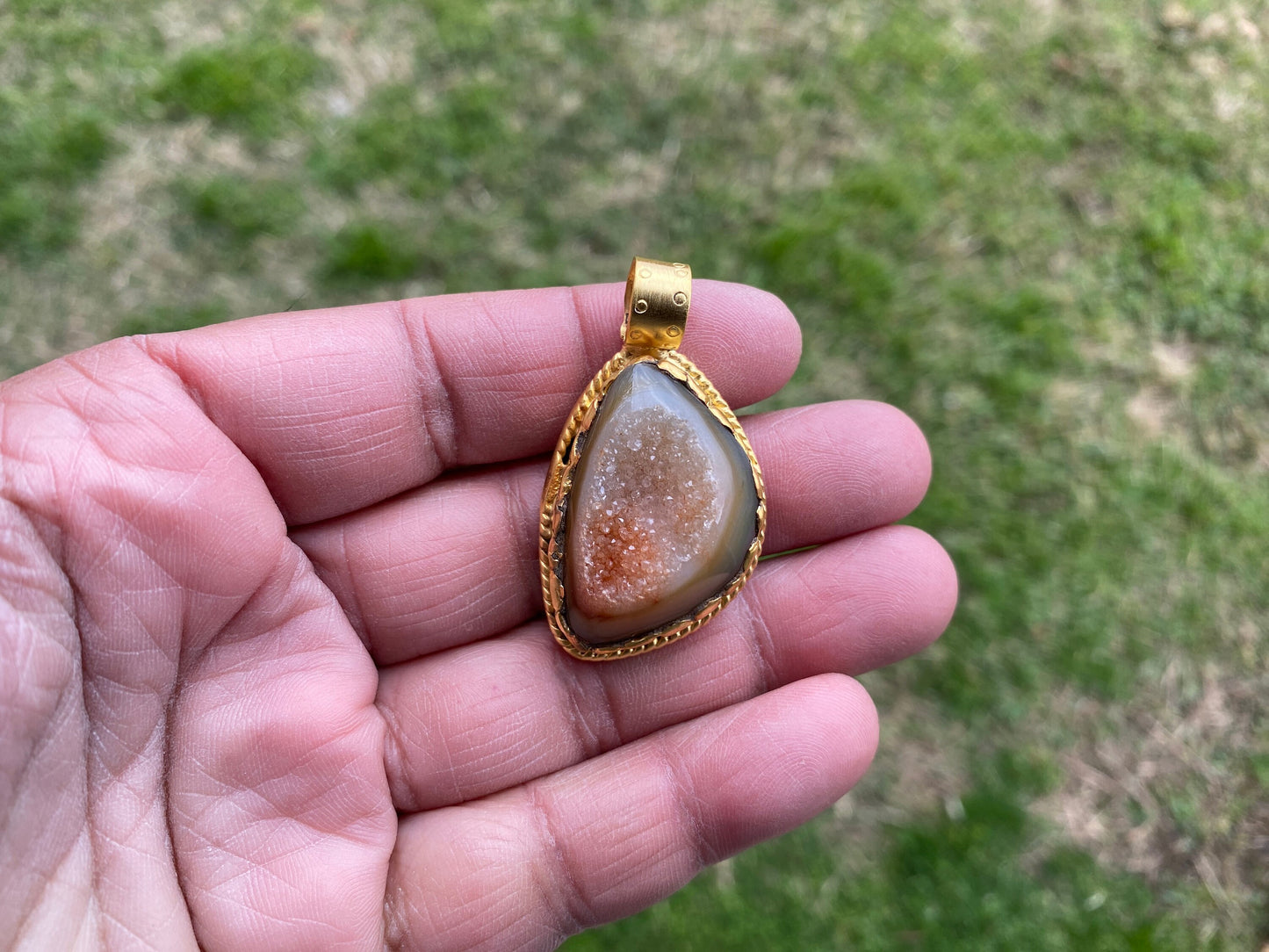 Non Tarnish Brushed Gold Overlay Pendant, Druzy Raw Agate Stone Healing Pendant, Hill Tribe Women's Jewelry, Birthstone Pendant for Necklace