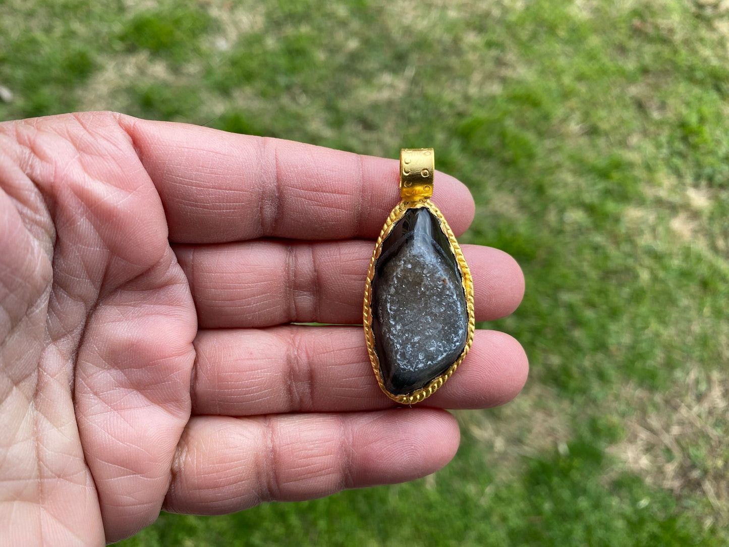 Non Tarnish Brushed Gold Overlay Pendant, Druzy Raw Agate Stone Healing Pendant, Hill Tribe Women's Jewelry, Birthstone Pendant for Necklace