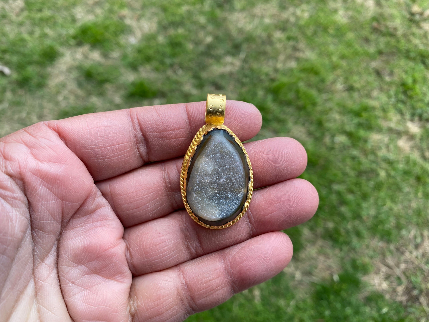 Non Tarnish Brushed Gold Overlay Pendant, Druzy Raw Agate Stone Healing Pendant, Hill Tribe Women's Jewelry, Birthstone Pendant for Necklace