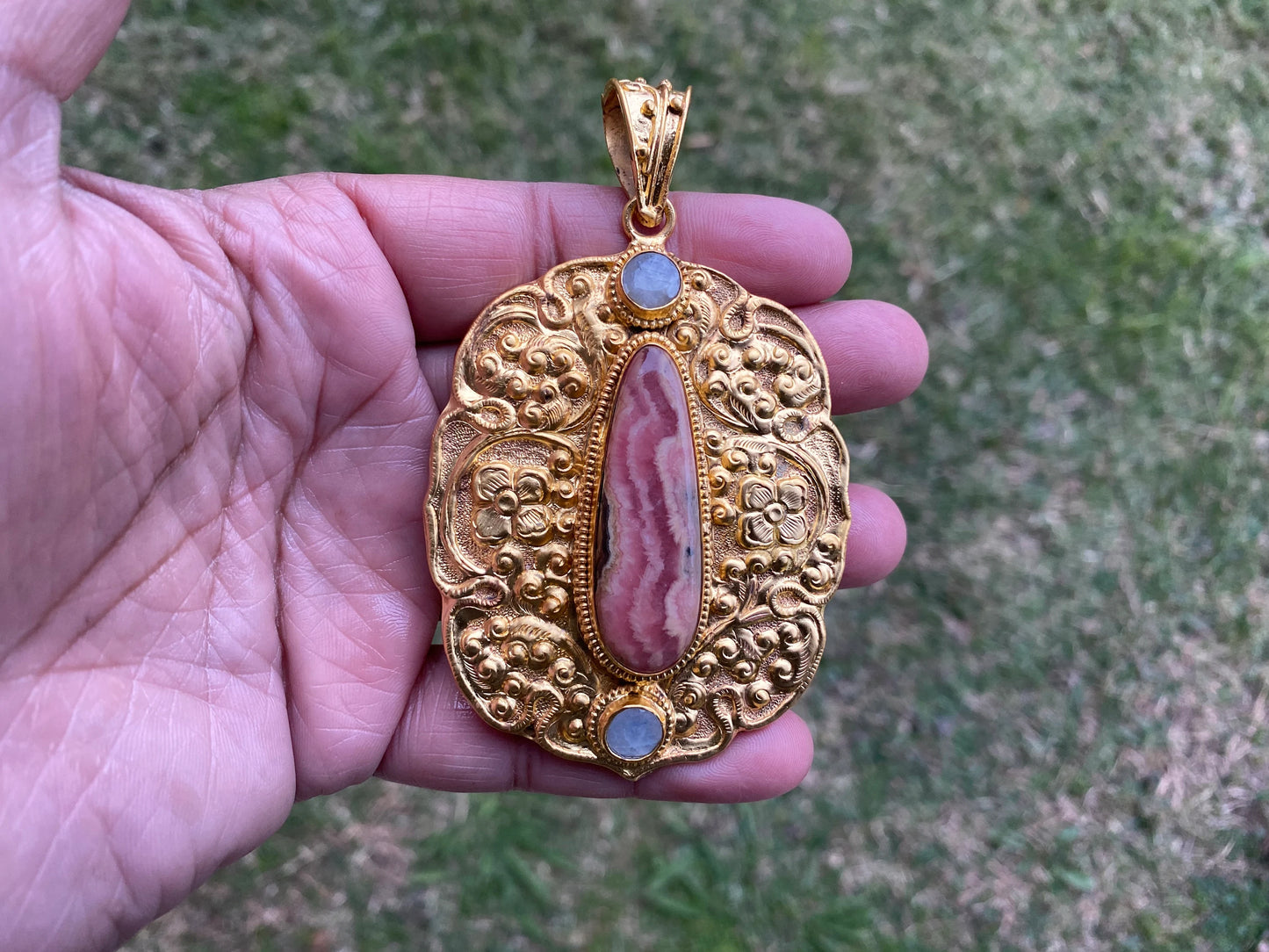 Rhodochrosite Natural Stone, Non Tarnish Brushed Gold Overlay, Elegant Jewelry, Luxury Pendant, Unique Stone Statement Piece, Jewelry Gift