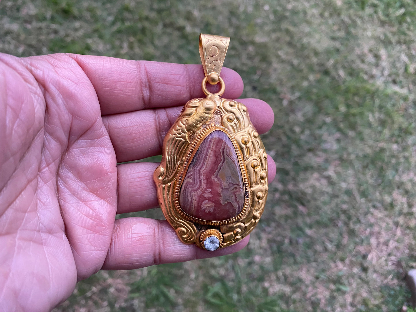 Rhodochrosite Natural Stone, Non Tarnish Brushed Gold Overlay, Elegant Jewelry, Luxury Pendant, Unique Stone Statement Piece, Jewelry Gift
