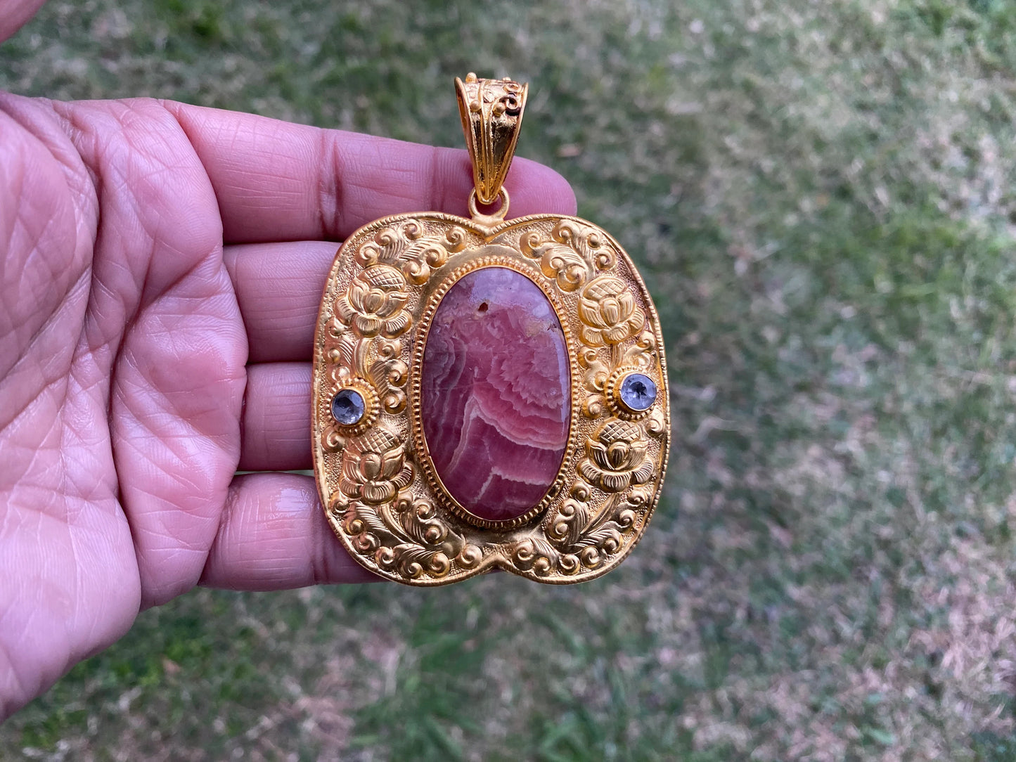 Rhodochrosite Natural Stone, Non Tarnish Brushed Gold Overlay, Elegant Jewelry, Luxury Pendant, Unique Stone Statement Piece, Jewelry Gift