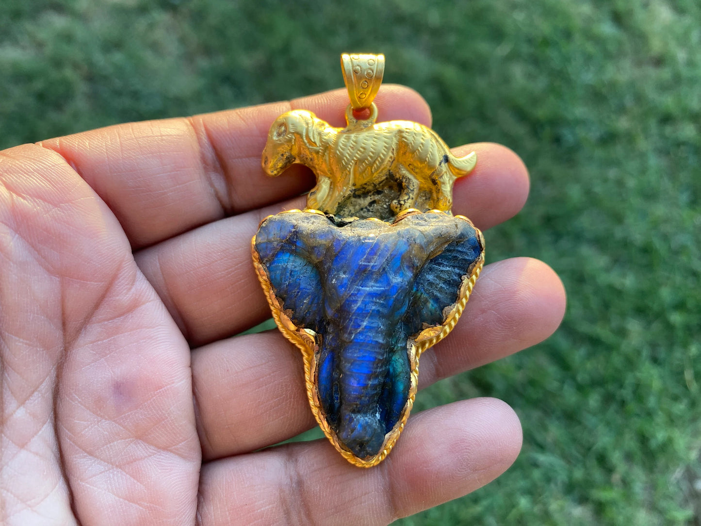Hand Carved Elephant Head Labradorite Pendant, Non Tarnish Brushed Gold Overlay, Elephant Pendant, Animal Pendant, Unique Carving Jewelry