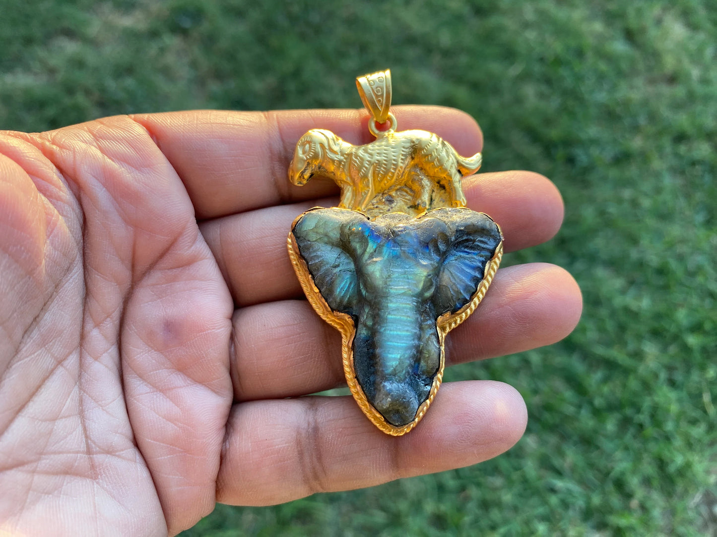 Hand Carved Elephant Head Labradorite Pendant, Non Tarnish Brushed Gold Overlay, Elephant Pendant, Animal Pendant, Unique Carving Jewelry