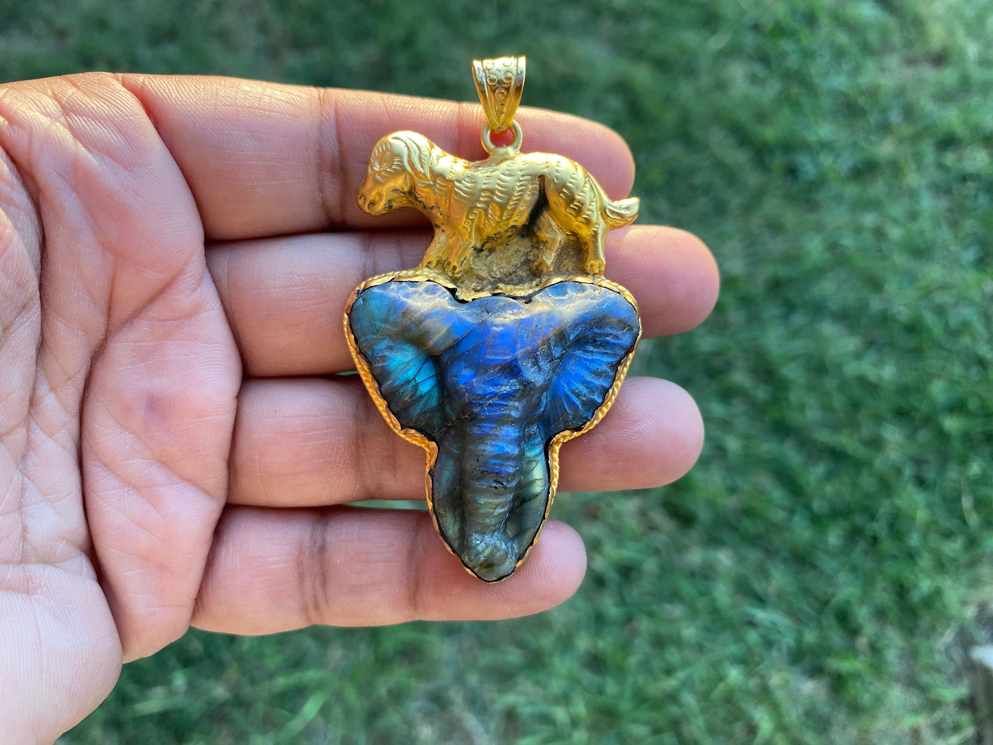 Hand Carved Elephant Head Labradorite Pendant, Non Tarnish Brushed Gold Overlay, Elephant Pendant, Animal Pendant, Unique Carving Jewelry