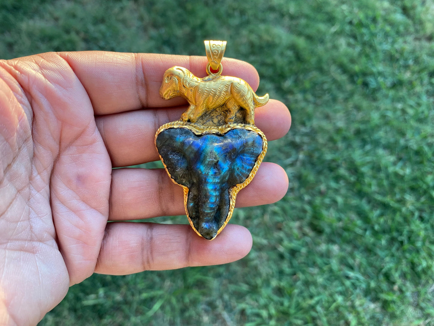 Hand Carved Elephant Head Labradorite Pendant, Non Tarnish Brushed Gold Overlay, Elephant Pendant, Animal Pendant, Unique Carving Jewelry