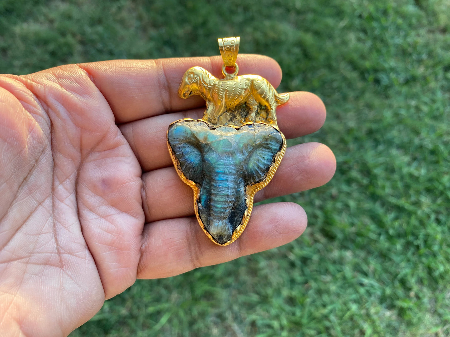 Hand Carved Elephant Head Labradorite Pendant, Non Tarnish Brushed Gold Overlay, Elephant Pendant, Animal Pendant, Unique Carving Jewelry