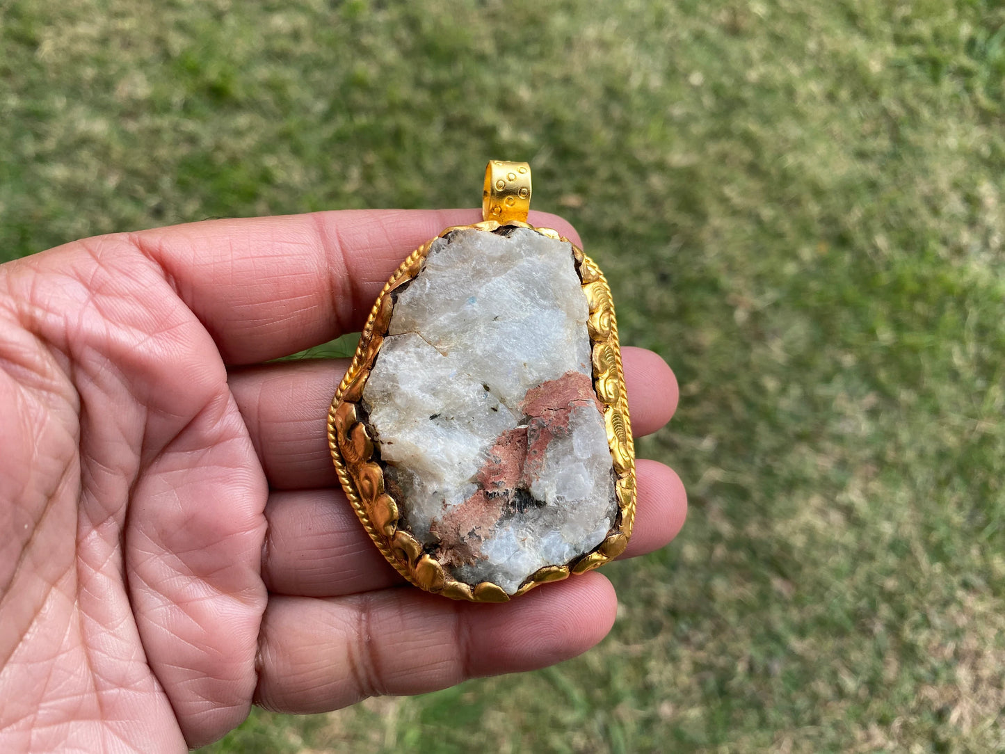 Big Chunky Raw Natural Rainbow Moonstone Pendant, Non Tarnish Brushed Gold Overlay, Raw Crystal Jewelry, Crown Chakra, Elegant Design
