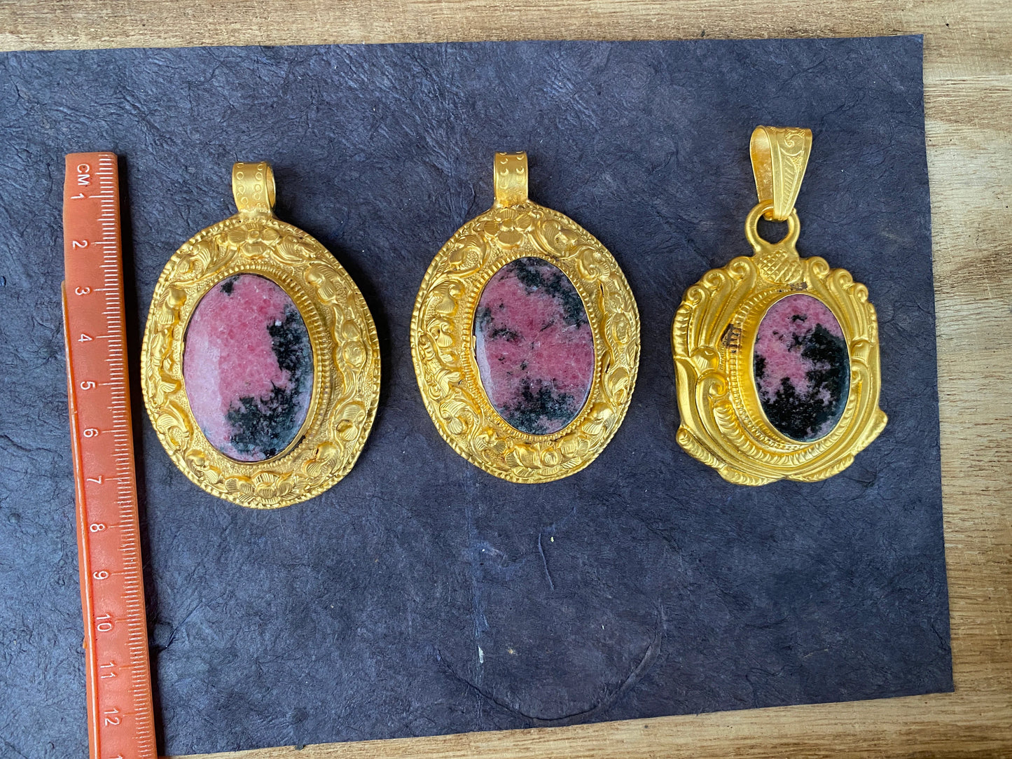 Natural Pink & Black Rhodonite Pendant, High Quality 18K Brushed Gold Overlay, Non Tarnish Jewelry, Women's Jewelry, Healing Crystal