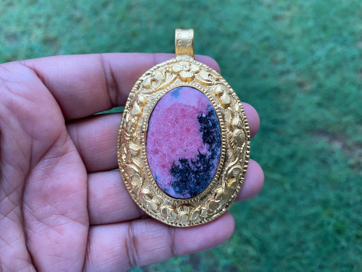 Natural Pink & Black Rhodonite Pendant, High Quality 18K Brushed Gold Overlay, Non Tarnish Jewelry, Women's Jewelry, Healing Crystal