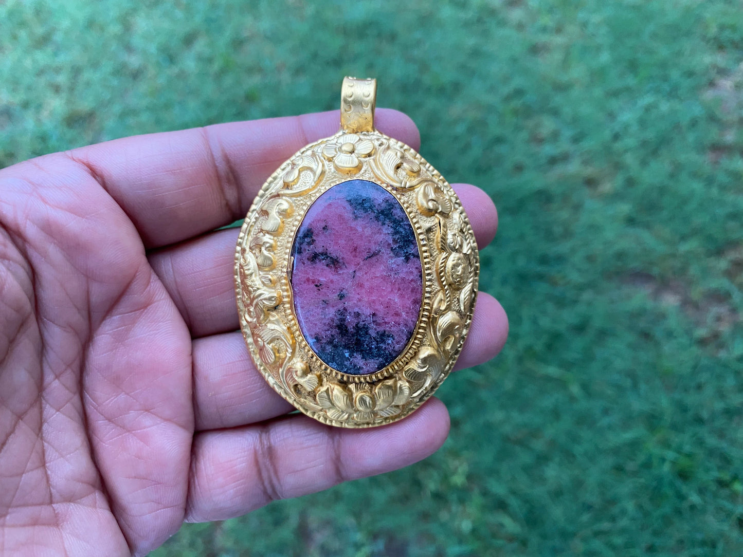 Natural Pink & Black Rhodonite Pendant, High Quality 18K Brushed Gold Overlay, Non Tarnish Jewelry, Women's Jewelry, Healing Crystal