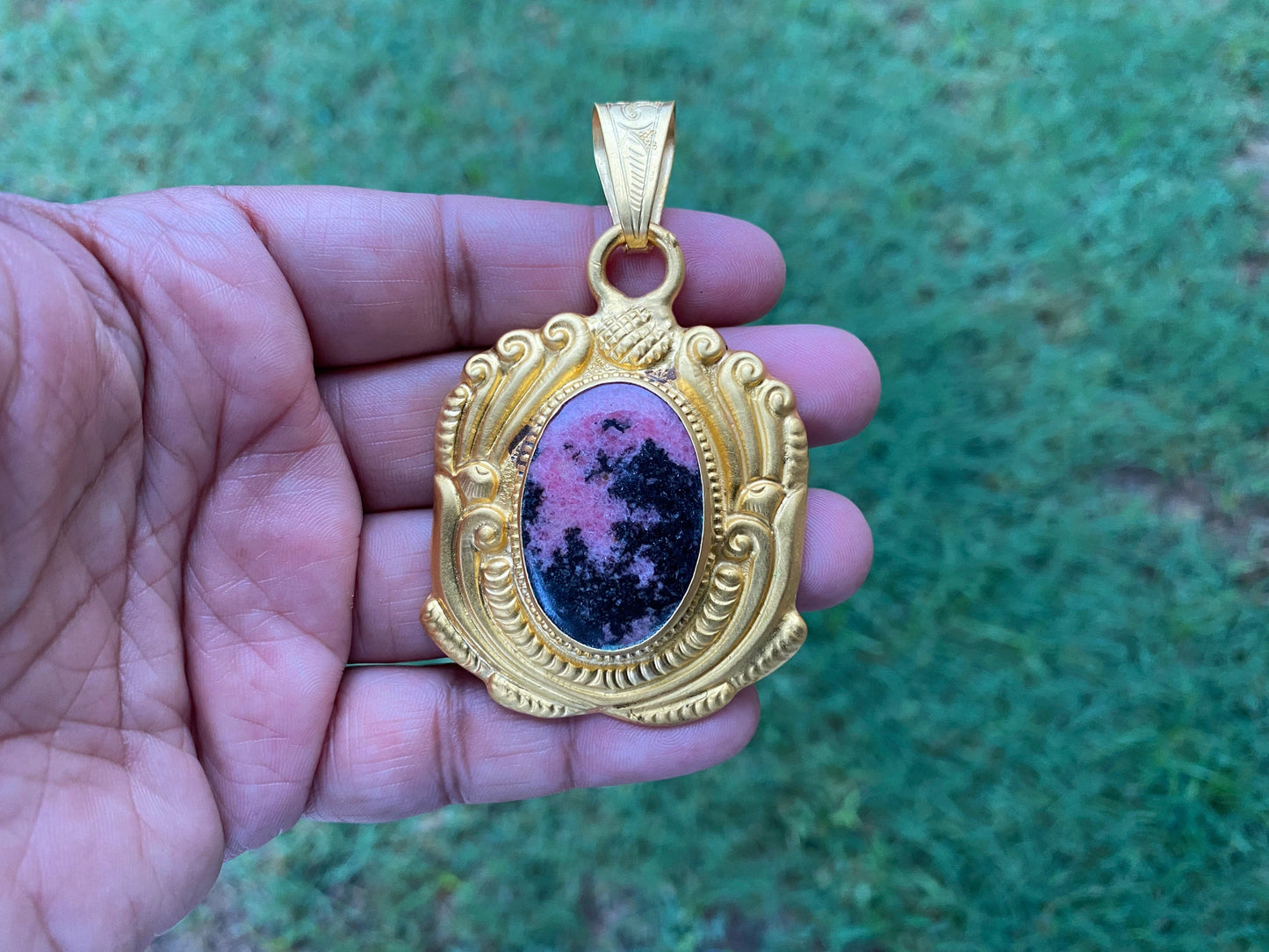 Natural Pink & Black Rhodonite Pendant, High Quality 18K Brushed Gold Overlay, Non Tarnish Jewelry, Women's Jewelry, Healing Crystal
