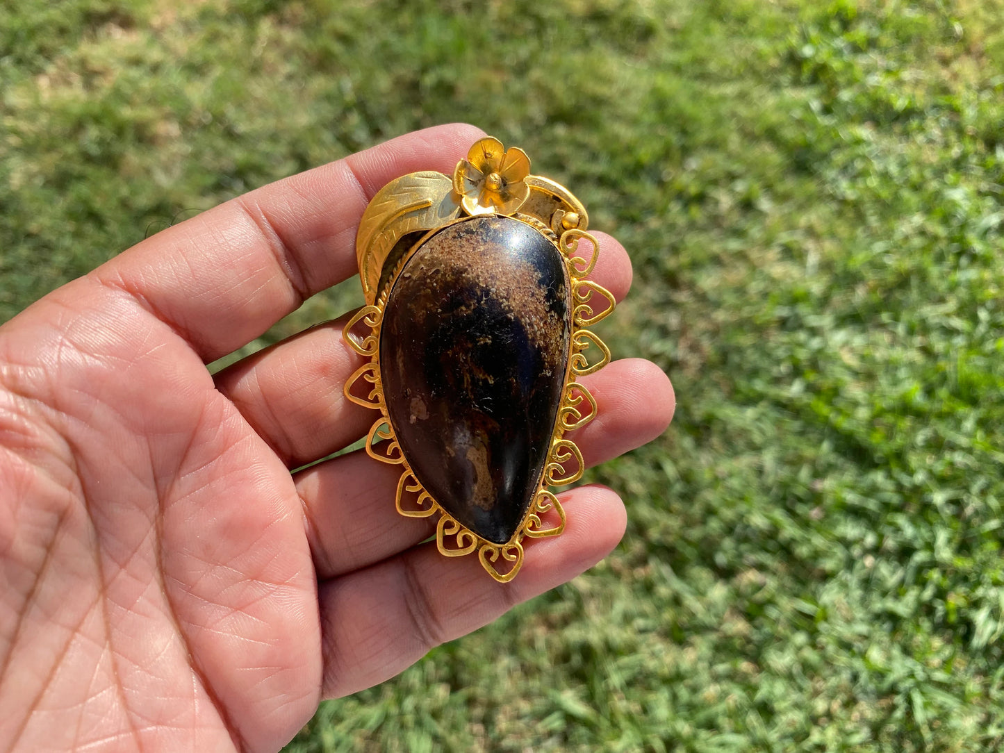 Amber Gemstone Pendant, Non tarnish Brushed Gold Overlay Jewelry, Fossilized Resin, Ancient Treasure, Organic Jewelry, Vintage Allure