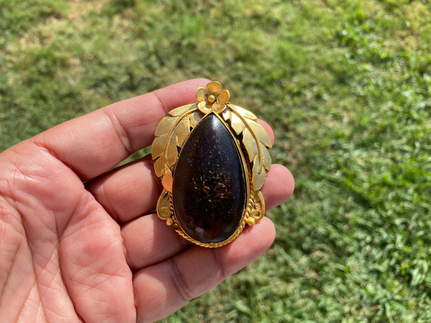 Amber Gemstone Pendant, Non tarnish Brushed Gold Overlay Jewelry, Fossilized Resin, Ancient Treasure, Organic Jewelry, Vintage Allure