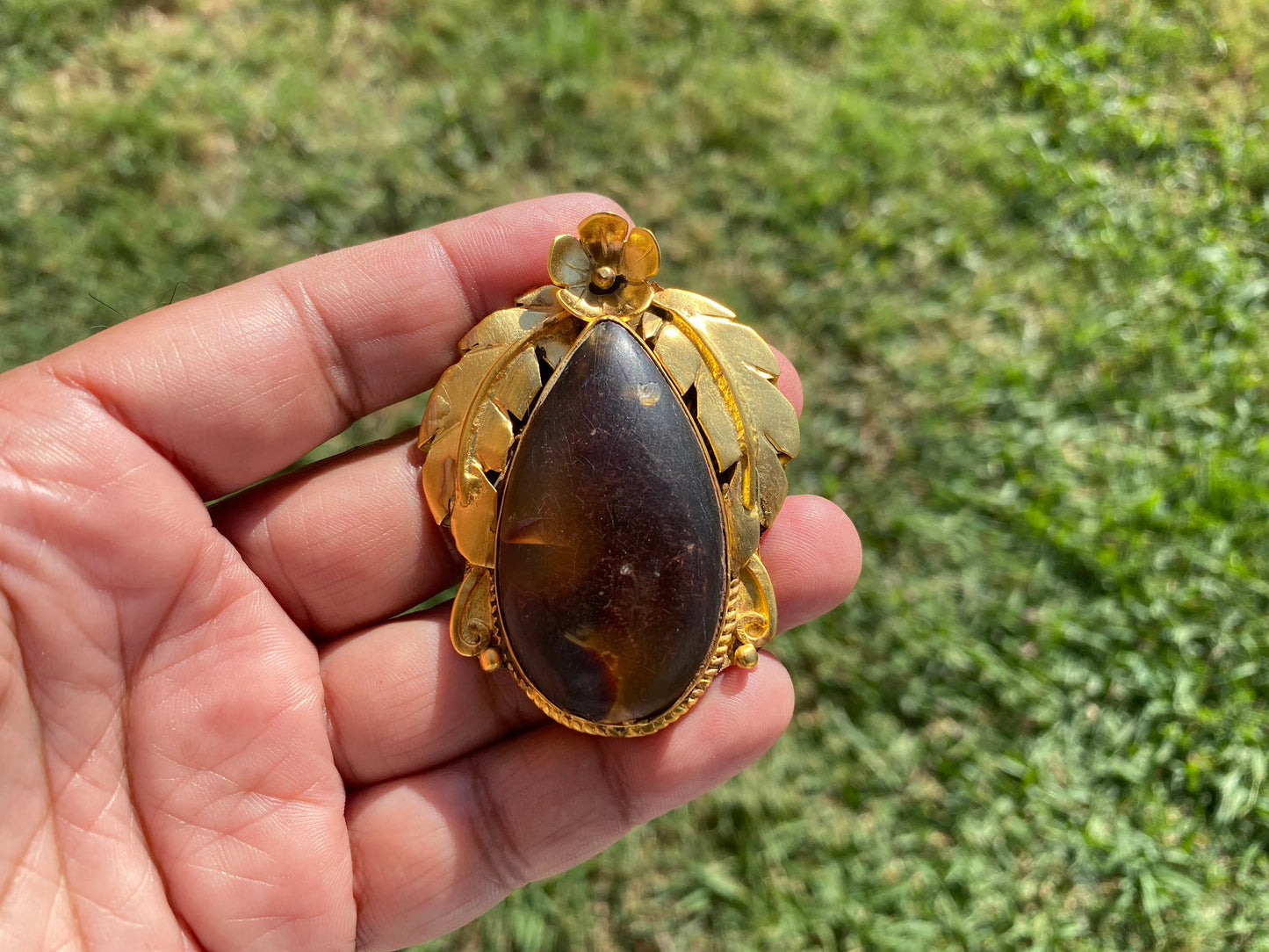 Amber Gemstone Pendant, Non tarnish Brushed Gold Overlay Jewelry, Fossilized Resin, Ancient Treasure, Organic Jewelry, Vintage Allure